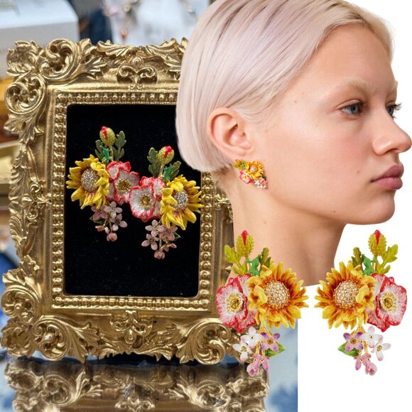 🆕 LES NEREIDES 🧿 NIB Wildflower Hand Enamelled Earrings - Picture 1 of 16